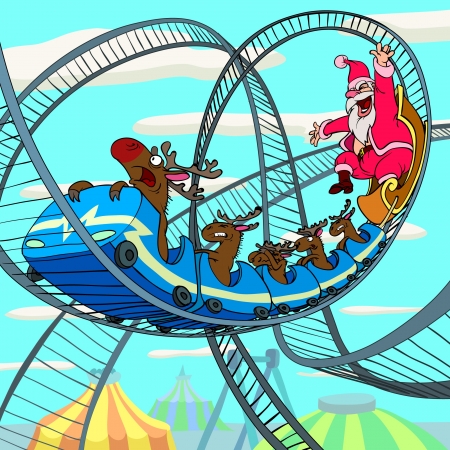 Happy Santa Claus and a scared deer is riding a roller coaster. のイラスト素材
