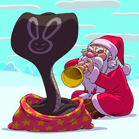 Santa Claus as a fakir is playing a trumpet to cobraのイラスト素材