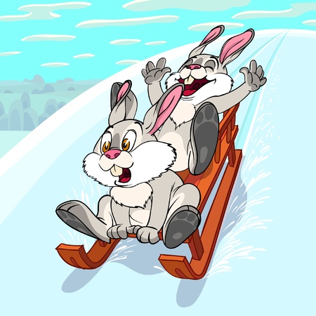 Two rabbits are sliding from a hill in a sledのイラスト素材