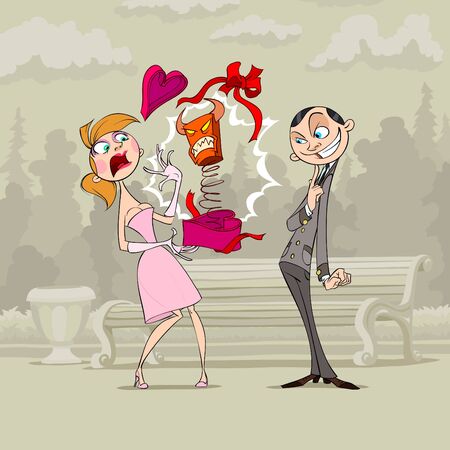 At Valentine's Day boy presents very strange gift to his girlfriendのイラスト素材