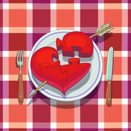 Valentine's Day Lunch: heart with arrow is placed on plate and is subdivided like a puzzle, a fork and a knife are near the plate.のイラスト素材