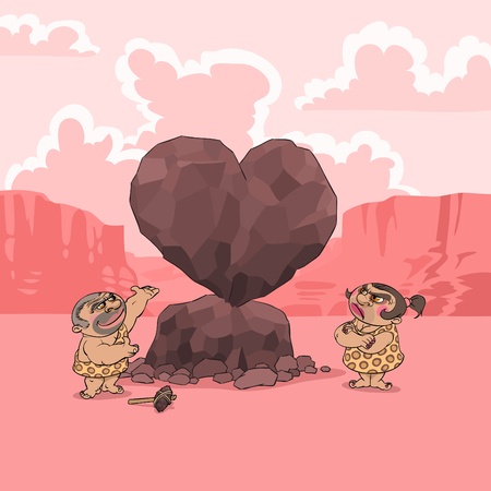 At Valentine's Day a man of Stone Age presents his girlfriend a big heart shaped stoneのイラスト素材
