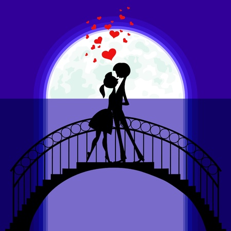 Silhouettes on the Moon of two lovers staying on a bridge and flying hearts over them.のイラスト素材