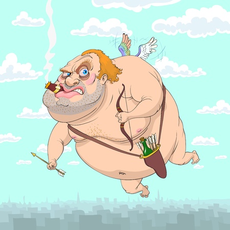 Adult Cupid flies over the town with bow in hand, arrows and bottle in quiver, smoking cigar in lips