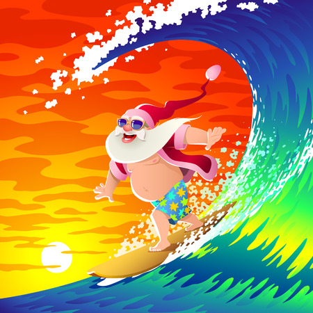 Happy Santa Claus is surfing on a sea big wave.のイラスト素材