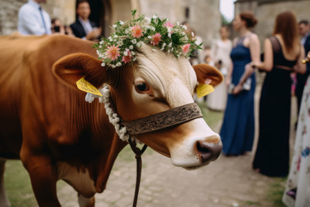 a cow at a wedding with flowers came to congratulate the bride and groom. A wedding ceremony and many people around, Generative AIの素材