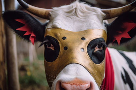 A cow in a hero's mask. The hero is ready to save the innocent from evil, Generative AIの素材
