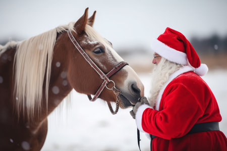 A horse dressed as Santa Claus is waiting for a happy New Year and Christmas. Santa's animal Generative AIの素材