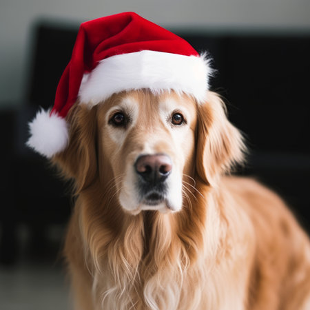 A dog in a Santa Claus hat is waiting for the New Year and Christmas, Generative AIの素材