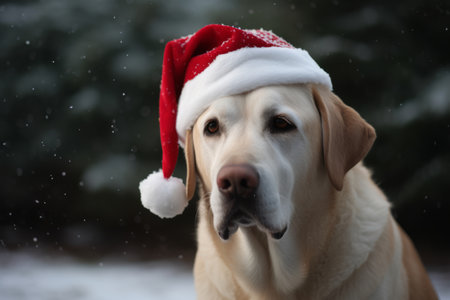 A dog in a Santa Claus hat is waiting for the New Year and Christmas, Generative AIの素材