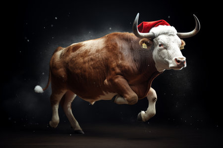 A Bull dressed as Santa Claus is waiting for a happy New Year and Christmas. Santa's animal Generative AIの素材