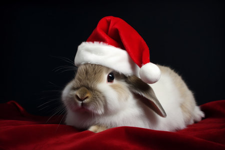 A rabbit in a Santa Claus hat is waiting for the New Year and Christmas, Generative AIの素材