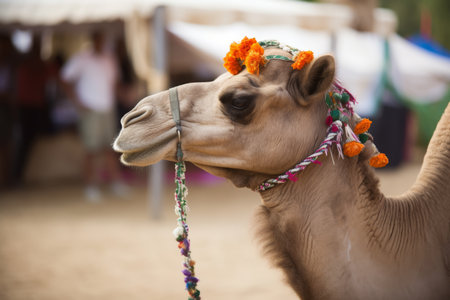 a camel at a wedding with flowers came to congratulate the bride and groom. A wedding ceremony and many people around, Generative AIの素材