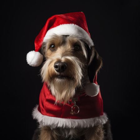 A dog in a Santa Claus hat is waiting for the New Year and Christmas, Generative AIの素材