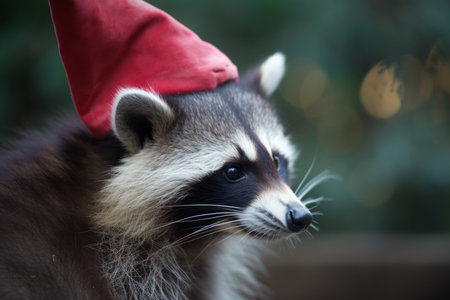 A raccoon in a Santa Claus hat is waiting for the New Year and Christmas, Generative AIの素材
