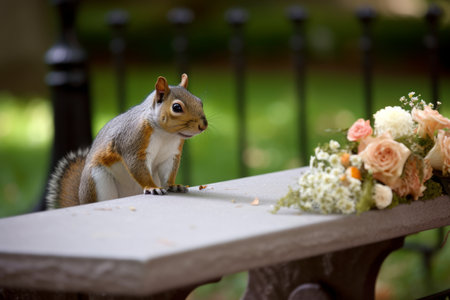 a squirrel at a wedding with flowers came to congratulate the bride and groom. A wedding ceremony and many people around Generative AIの素材