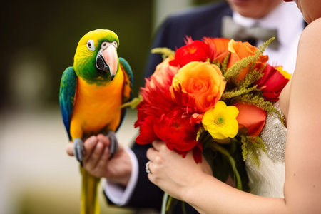 a parrot at a wedding with flowers came to congratulate the bride and groom. A wedding ceremony and many people around, Generative AIの素材
