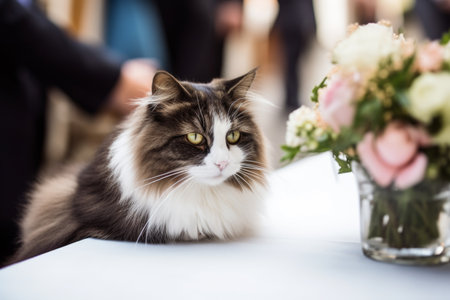 a cat at a wedding with flowers came to congratulate the bride and groom. A wedding ceremony and many people around, Generative AIの素材