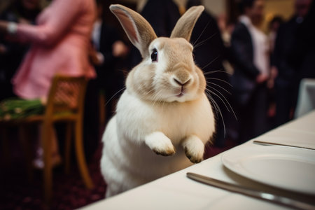 a rabbit at a wedding with flowers came to congratulate the bride and groom. A wedding ceremony and many people around, Generative AIの素材