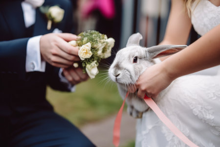a rabbit at a wedding with flowers came to congratulate the bride and groom. A wedding ceremony and many people around, Generative AIの素材