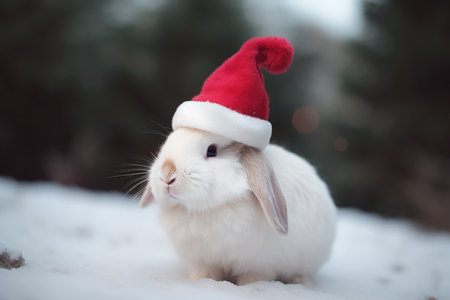 A rabbit in a Santa Claus hat is waiting for the New Year and Christmas, Generative AIの素材