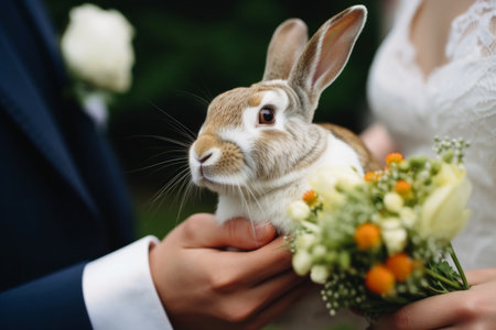 a rabbit at a wedding with flowers came to congratulate the bride and groom. A wedding ceremony and many people around, Generative AIの素材