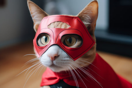 A cat in a hero's mask. The hero is ready to save the innocent from evil, Generative AIの素材