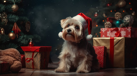 Jingle Jangle Pup: Dog in a Santa Hat Dons Festive Gear and Wags into Festivitiesの素材
