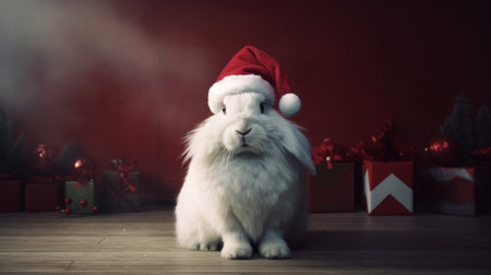 Merry-Hopping Cottontail: Rabbit in a Santa Hat Celebrates the Festive Seasonの素材