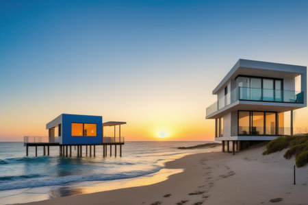 Sunset on the beach with a house in the foreground. Cayo Largo, Cubaの素材