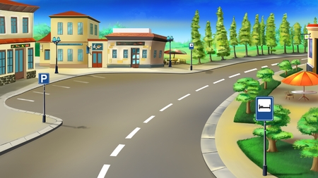 Bus stop and parking beside the roadの写真素材