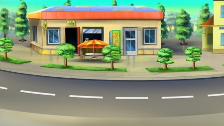 Bus stop and parking beside the road. Back viewの写真素材