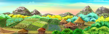 Chinese Village and Rice Fields illustrationの写真素材