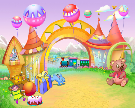 Digital Painting, Illustration of a Colorful Fairy Tale Arch in a Childhood Road. Cartoon Style Artwork Scene, Story Background, Card Designの写真素材