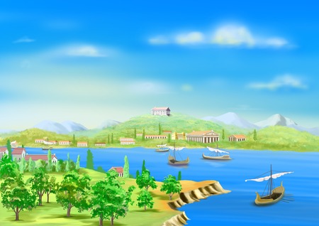 the ancient city in Egypt, on the banks of the Nile River in Realistic Cartoon Styleの写真素材