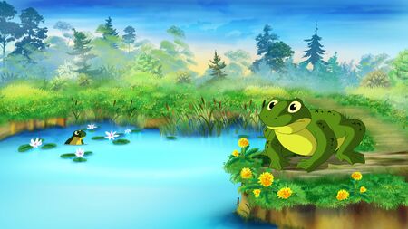 Green Frog Sitting and Croaking Near the Pond in a Summer day. Digital painting  cartoon style full color illustration.の写真素材