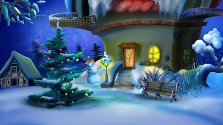 Magic Christmas Night. New Year Eve Scene. Handmade illustration in a classic cartoon style.の写真素材