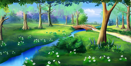 Idyllic View of the Small Bridge Over the Creek. Bushes and Flowers near a Water in a Public park. Digital Painting Background, Illustration in cartoon style character.の写真素材