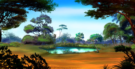 Idyllic View of the Small Pond on a Forest Glade Surrounded by Trees in a Sunny Summer day. Digital Painting Background, Illustration in cartoon style character.の写真素材