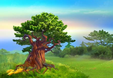 Solitary Oak Tree in a meadow in a sunny day. Digital Painting Background, Illustration in cartoon style character.の写真素材