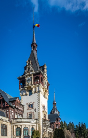Pele? Castle near Sinaia and the Carpathian Mountains in a sunny day. Transylvania, Romaniaのeditorial素材