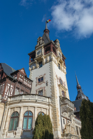 Pele? Castle near Sinaia and the Carpathian Mountains in a sunny day. Transylvania, Romaniaのeditorial素材