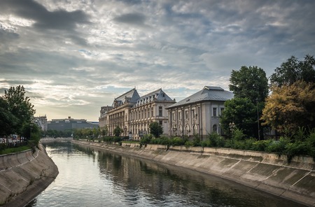 BUCHAREST, ROMANIA - 07.20.2018. Dambovita river in Bucharest in a cloudy summer dayのeditorial素材