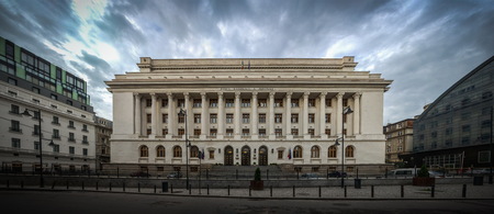 BUCHAREST, ROMANIA - 07.20.2018. Panoramic view of National Bank Of Romania in Bucharest in a gloomy summer morningのeditorial素材