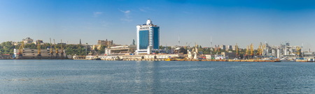 Odessa, Ukraine - 08.28.2018. Coast of Odessa city, Ukraine. Panoramic view from the sea in a sunny summer day.のeditorial素材