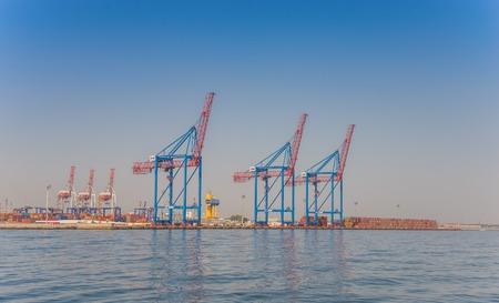 Odessa, Ukraine - 08.28.2018. Panoramic view from the sea of cargo port and container terminal in Odessa, Ukraineのeditorial素材