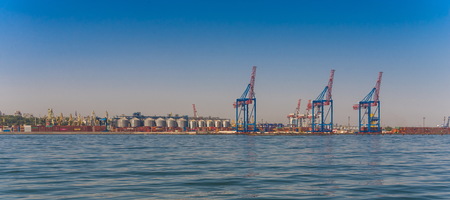 Odessa, Ukraine - 08.28.2018. Panoramic view from the sea of cargo port and container terminal in Odessa, Ukraineのeditorial素材