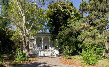 Old abandoned Chkalov sanatorium in Odessa, Ukraine, in a sunny summer dayのeditorial素材