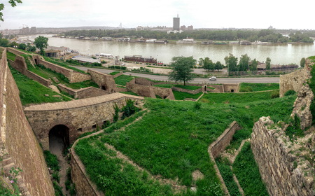 Panoramic view of the Danube and Sava rivers from the Belgrade fortress and Kalemegdan in Serbia on a cloudy summer dayのeditorial素材