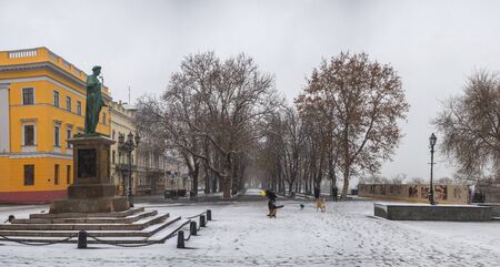 Odessa, Ukraine - 12.10.2018. Snowy winter morning on Primorsky Boulevard in Odessa, Ukraine. Panoramic viewのeditorial素材